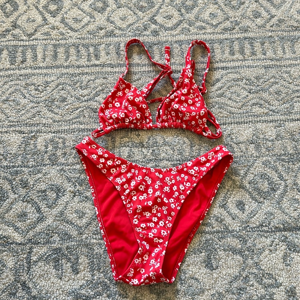 PAC Sun red white floral bikini swimsuit size small